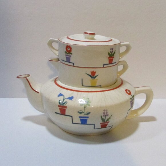 vtg MCM flower design teapot creamer sugar all in one Jubilee tea set Japan - Picture 1 of 8